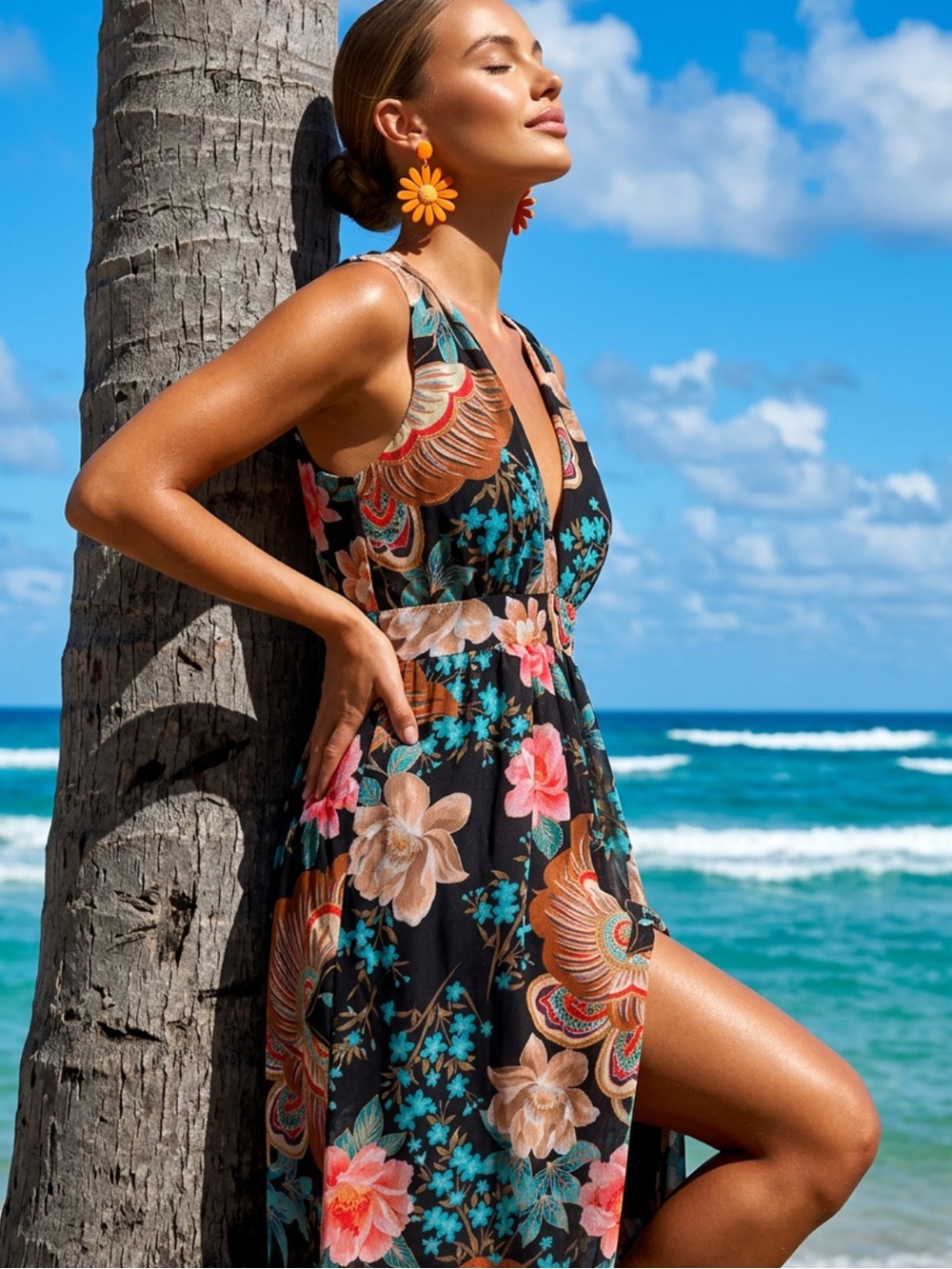 Halter Floral Midi Dress in Black with Pink & Teal